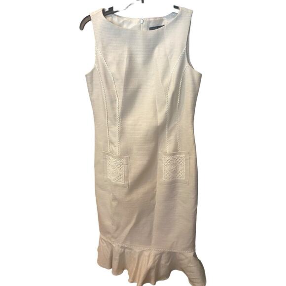 David Meister Sheath Lined Dress Size 8 Beige Embroidery Pockets Sleeveless - Picture 3 of 12